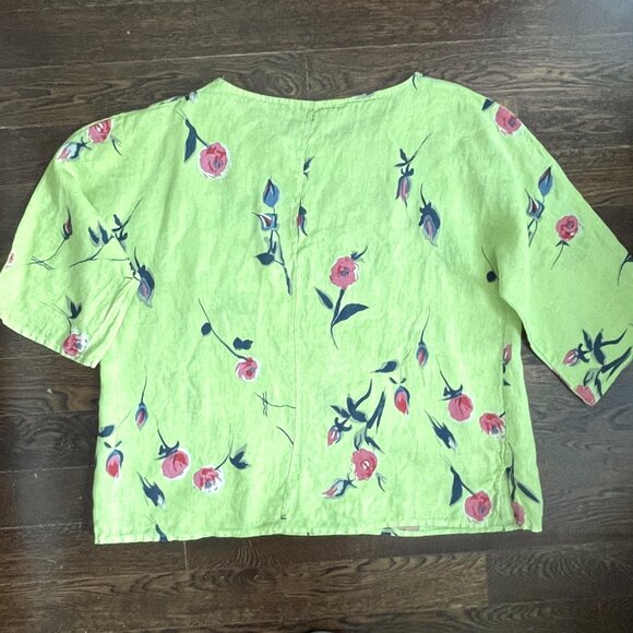 Lime Green Floral 100% Linen Tunic Top Blouse-Made in Italy-Size Large - Picture 4 of 8